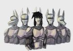 2024 ambiguous_gender anthro armor black_eyes black_hair black_nose breastplate canid canine canis clothing dracks ears_up front_view frown group hair hi_res machine male male_(lore) mammal metal metallic_body robot simple_background standing tom_(dracks) whiskers white_background wolf