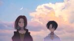  2boys black_hair brown_hair cloud crescent_moon eren_yeager golden_hour highres levi_(shingeki_no_kyojin) moon multiple_boys shingeki_no_kyojin short_hair sidao_al 