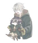  1girl black_hair chibi dot_0162 father_and_daughter fire_emblem fire_emblem_awakening gloves highres holding hood hooded_jacket jacket morgan_(female)_(fire_emblem) morgan_(fire_emblem) robin_(fire_emblem) robin_(male)_(fire_emblem) short_hair simple_background sparkling_eyes waving_legs white_hair 