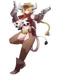 animal_ears animal_print bell belt belt_pouch blonde_hair blue_eyes boots braid braided_ponytail breasts chaps cleavage closed_mouth cow_ears cow_girl cow_horns cow_print cow_tail cowboy_boots cowboy_fringe cowboy_hat dual_wielding fringe_trim full_body gloves gun hair_over_one_eye hat highleg highleg_panties highres holding holding_gun holding_weapon horns huge_breasts lasso long_hair midriff navel original panties pouch revolver scarf sleeveless smile stomach sung08ko tail underwear weapon white_background 