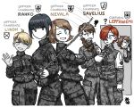  6+girls ? absurdres ahoge anni_junttila artist_logo back-to-back black_eyes black_hair blonde_hair blue_eyes blunt_bangs blush braid breasts brown_eyes brown_hair camouflage camouflage_jacket camouflage_pants chain commentary cross crossed_arms elina_rahko english_text finnish_army green_eyes grin hair_over_shoulder hand_in_pocket highres holding jacket key lindh_(ostwindprojekt) long_hair long_sleeves looking_at_another looking_at_viewer medic medium_hair military military_rank_insignia military_uniform multiple_girls nevala_(ostwindprojekt) no_mouth one_eye_closed open_mouth ostwindprojekt pants partially_colored peeking red_cross red_hair saila_leppaniemi savelius_(ostwindprojekt) seno_lepo short_hair sidelocks simple_background single_braid smile standing swinging uniform upper_body waving white_background zipper zipper_pull_tab 