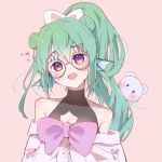  1girl absurdres bare_shoulders blush bow breasts cleavage cleavage_cutout clothing_cutout double_bun dress finana_ryugu fins glasses green_hair hair_bow hair_bun head_fins heart high_ponytail highres long_hair looking_at_viewer nijisanji nijisanji_en off-shoulder_dress off_shoulder open_mouth pink_background purple_eyes rabbit-shaped_eyewear simple_background small_breasts solo suirisoris 