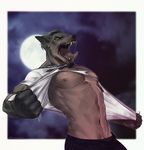  anthro canine clothing full_moon human male mammal moon noxyfer pointy_ears shirt snout solo taurus_666 tongue tongue_out torn_clothing transformation were werewolf 