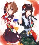  2girls absurdres animal_ears black_hair bow brown_eyes brown_hair ear_ornament frilled_skirt frills gloves happy highres hinohara_ayumi horse_ears horse_girl medium_hair microphone multicolored_hair multiple_girls pinwheel_hair_ornament short_hair skirt splendor_of_onyx_(umamusume) two-tone_hair umamusume voice_actor yaeno_muteki_(umamusume) yellow_bow yumako 