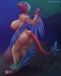 anthro archeops areola blubluumon breasts butt claws fangs feathers female fossil_pokemon generation_5_pokemon hi_res looking_at_viewer looking_back night nintendo nipples pokemon pokemon_(species) pokemorph raised_arm raised_hand raised_leg smile smiling_at_viewer solo tail teeth toe_claws