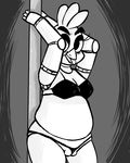 2016 animatronic anthro avian bird black_and_white bra camel_toe chica_(fnaf) chicken clothing female five_nights_at_freddy&#039;s inkyfrog looking_at_viewer machine monochrome panties plump_camel_toe pole robot slightly_chubby solo stripper_pole tongue tongue_out underwear video_games 