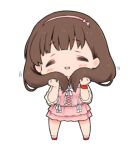  1girl blush brown_hair bunching_hair chibi closed_eyes full_body hairband idolmaster idolmaster_cinderella_girls long_hair lowres moru_(monaka) open_mouth pink_hairband red_ribbon ribbon sakuma_mayu simple_background solo standing white_background wrist_ribbon 