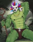 abs absurd_res anthro bottomwear clothed clothing forest front_view hand_behind_head hi_res jungle lihzahrd lizard loincloth loincloth_only male mask mr_sharky muscular muscular_anthro muscular_male nipples pecs plant reptile scalie sitting skull_mask solo staff terraria topless tree tribal witch_doctor_(terraria)