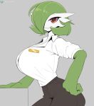 big_breasts biped breasts clothed clothing cooliehigh female gardevoir generation_3_pokemon green_body hi_res humanoid looking_at_viewer nintendo pokemon pokemon_(species) red_eyes smile solo white_body
