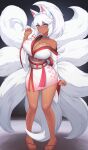  1girl animal_ears blue_eyes breasts chikaretsu cleavage dark-skinned_female dark_skin dress extra_tails fox_ears fox_tail full_body hair_between_eyes highres japanese_clothes jewelry kimono large_breasts long_sleeves necklace off-shoulder_dress off_shoulder original sandals short_kimono sidelocks solo standing tail toes white_hair wide_sleeves 