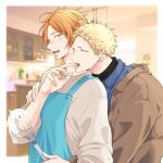  2boys 961_masashi apron blonde_hair blue_apron blue_shirt blurry blurry_background blush border brown_coat coat collared_shirt ear_piercing from_behind given green_eyes grey_sweater indoors kaji_akihiko kitchen licking_another&#039;s_finger male_focus mixer_(cooking) multiple_boys nakayama_haruki open_mouth orange_eyes orange_hair piercing shirt sweater teeth white_border window_shadow yaoi 