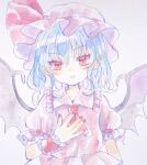  1girl ascot bat_wings blue_hair hat hat_ribbon hiyuu_(hiyualice) mob_cap pink_hat pink_shirt red_ascot red_eyes remilia_scarlet ribbon shirt short_hair solo touhou traditional_media wings 