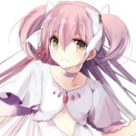  bad_id bad_pixiv_id bow choker collarbone hair_between_eyes hair_bow highres kaname_madoka long_hair looking_at_viewer mahou_shoujo_madoka_magica misteor pink_hair short_sleeves solo two_side_up ultimate_madoka upper_body white_background white_bow wide_sleeves yellow_eyes 
