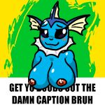 1:1 anthro areola big_breasts blue_body blue_skin blush breasts digital_drawing_(artwork) digital_media_(artwork) eeveelution female frill_(anatomy) generation_1_pokemon green_background looking_at_viewer membrane_(anatomy) membranous_frill meme neck_frill nintendo nipples nude pink_areola pink_nipples pokemon pokemon_(species) simple_background smile solo vaporeon yellow_background yogurtbeans