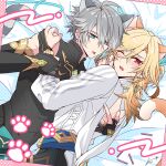  2boys :p alhaitham_(genshin_impact) animal_ears antenna_hair aono_(aono_pic) aqua_background aqua_hair artist_name backless_outfit black_gloves black_shirt blonde_hair blue_sash blush cat_boy cat_ears cat_tail chest_jewel closed_mouth commentary compression_shirt earrings elbow_gloves english_commentary eyes_visible_through_hair fang fingerless_gloves gem genshin_impact gloves gold_trim green_eyes green_gemstone grey_hair hair_between_eyes hair_over_one_eye hand_on_another&#039;s_back hand_up hands_up highres holding_another&#039;s_wrist jewelry kaveh_(genshin_impact) long_hair long_sleeves looking_at_another looking_at_viewer looking_to_the_side male_focus multicolored_hair multiple_boys one_eye_closed open_mouth parted_bangs partially_fingerless_gloves paw_print pink_background polka_dot polka_dot_background puffy_long_sleeves puffy_sleeves raised_eyebrows red_eyes sash shirt short_hair sidelocks signature simple_background sleeveless sleeveless_shirt swept_bangs tail tongue tongue_out white_shirt yaoi 