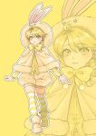  1girl :3 ayan_ip blonde_hair bow capelet clenched_hand closed_mouth commentary_request eyelashes highres hood hood_up hooded_capelet long_sleeves outline pokemon pokemon_adventures shirt shoes short_hair shorts smile standing striped_clothes striped_thighhighs thighhighs yellow_(pokemon) yellow_background yellow_bow yellow_eyes yellow_shirt yellow_thighhighs zoom_layer 