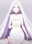  1girl alternate_costume breasts bridal_veil dress hatsuharu_(kancolle) hikimayu kantai_collection kimura_shiki kneeling long_hair medium_breasts purple_eyes purple_hair smile solo thick_eyebrows veil very_long_hair wedding_dress white_dress 