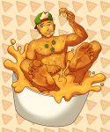 2024 cheese clothing dairy_products digital_media_(artwork) ear_piercing ear_ring feet food food_creature food_humanoid hair hat headgear headwear hi_res humanoid liquid_cheese male nachos nipples nude pattern_background piercing queso_(theslimeguy) ring_piercing short_hair simple_background smile solo stubble teeth th3g0dkill3r