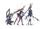  1girl age_progression amiya_(arknights) amiya_(guard)_(arknights) amiya_(medic)_(arknights) animal_ears anklet arknights ascot black_footwear black_jacket black_pantyhose blade_arm blue_ascot blue_eyes blue_skirt brown_hair character_name floating_hair from_side full_body glint glowing glowing_sword glowing_weapon highres holding holding_staff hood hood_down hooded_jacket house_tag_denim jacket jewelry long_hair long_sleeves looking_ahead miniskirt multiple_views open_clothes open_jacket open_mouth pantyhose pleated_skirt ponytail profile rabbit_ears rabbit_girl shoes sidelocks simple_background skirt staff teeth thighlet tiara twitter_username very_long_hair weapon 