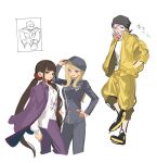  1boy 2girls akamatsu_kaede black_hat black_jacket black_pants braid breasts brown_hair cosplay cropped_legs danganronpa_(series) danganronpa_2:_goodbye_despair danganronpa_v3:_killing_harmony earrings grin hair_ornament hair_scrunchie harukawa_maki hat highres jacket jewelry large_breasts low_twintails momota_kaito momota_kaito_(cosplay) multiple_girls musical_note musical_note_hair_ornament open_clothes open_jacket open_shirt pants pink_hair pink_jacket pink_pants print_shirt red_scrunchie saihara_shuichi saihara_shuichi_(cosplay) scrunchie sharp_teeth shirt smile soda_kazuichi teeth twintails white_shirt yellow_jacket yellow_pants yuden_doba 