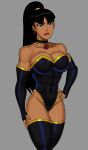  arosto2019 bare_shoulders black_eyes black_footwear black_hair breasts cameltoe collarbone covered_abs covered_navel dark-skinned_female dark_skin dc_comics earrings highres jewelry justice_league large_breasts leotard lips long_hair muscular muscular_female ponytail simple_background superwoman_(justice_league:crisis_on_two_earth) thighhighs 