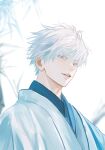  1boy blue_eyes blurry blurry_background gojou_satoru harenzero highres jujutsu_kaisen korean_commentary light_smile looking_at_viewer male_focus robe short_hair solo teeth upper_body white_background white_hair white_robe 