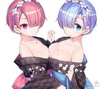  alternate_costume arched_back areola_slip areolae asymmetrical_docking blue_eyes blue_hair breast_press breasts floral_print hair_ornament hair_over_one_eye hairband haruno_suzune holding_hands japanese_clothes kimono large_breasts looking_at_viewer medium_breasts multiple_girls nipple_slip nipples obi off_shoulder pink_hair ram_(re:zero) re:zero_kara_hajimeru_isekai_seikatsu red_eyes rem_(re:zero) sash short_hair siblings sisters twins upper_body wide_sleeves x_hair_ornament yagasuri 