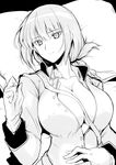  breasts cleavage commentary covered_nipples fate/grand_order fate_(series) florence_nightingale_(fate/grand_order) folded_ponytail gloves greyscale hair_between_eyes hand_on_own_stomach hand_up harukon_(halcon) highres jacket large_breasts long_hair looking_at_viewer lying monochrome no_bra on_back open_clothes open_jacket partially_unbuttoned pillow sidelocks smile solo upper_body 
