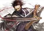  bad_id bad_pixiv_id black_hair blade_of_the_immortal blood commentary_request dual_wielding face_mask fighting_stance gladius holding japanese_clothes magatsu_taito male_focus mask matsuba_(idiotlantern) messy_hair pinky_out reverse_grip serious short_sword solo sword upper_body weapon 