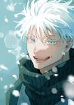  1boy absurdres bell_anko black_robe black_scarf blue_background blue_eyes derivative_work gojou_satoru highres jujutsu_kaisen looking_at_viewer male_focus open_mouth portrait robe scarf short_hair smile snow solo teeth white_hair 