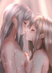  2girls absurdres blonde_hair blush breasts closed_eyes colored_eyelashes completely_nude couple facing_another grey_hair highres kiss long_hair mikan_mizu multiple_girls nipples nude open_mouth original saliva saliva_trail standing yuri 