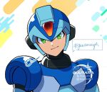  1boy android armor artist_name blue_armor blue_helmet forehead_jewel green_eyes guutara helmet instagram_logo instagram_username male_focus mega_man_(series) mega_man_x_(series) puff_of_air shoulder_armor solo twitter_username twitter_x_logo upper_body white_background x_(mega_man) 