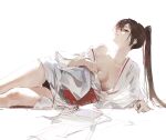  1girl breasts brown_hair cleavage collarbone dino_(dinoartforame) hair_between_eyes high_ponytail highres japanese_clothes jigokuraku kimono long_hair looking_up lying medium_breasts obi on_side open_clothes open_kimono pale_skin partially_undressed red_ribbon red_sash ribbon sash shade simple_background single_bare_shoulder solo thighs white_background white_kimono yamada_asaemon_sagiri 