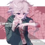  1boy :d absurdres bandaged_arm bandages blood blood_splatter blush citan_(reci_tan) commission danganronpa_(series) danganronpa_2:_goodbye_despair green_jacket grey_hair hair_between_eyes highres hood hood_down jacket komaeda_nagito lower_teeth_only male_focus medium_hair nail_polish open_clothes open_jacket pink_background print_shirt red_nails saliva shirt smile teeth translation_request 