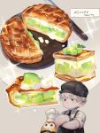 1boy chef_hat commentary cream creature crossed_arms crumbs english_commentary final_fantasy final_fantasy_xiv food food_focus fruit garnish grey_hair hat knife lalafell melon melon_slice necktie paissa pie pie_slice plate pointy_ears short_sleeves sparkle thought_bubble translation_request warrior_of_light_(ff14) whipped_cream xioiri 