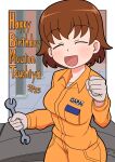  1girl absurdres birthday brown_eyes brown_hair character_name closed_eyes commentary dated english_text facing_viewer freckles girls_und_panzer gloves grey_gloves happy_birthday highres holding holding_wrench indoors jumpsuit long_sleeves mechanic open_mouth orange_jumpsuit outside_border smile solo standing tank_cupola tsuchiya_(girls_und_panzer) uniform wrench yb_norio 