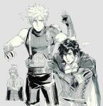  ... 3boys armor belt black_hair clive_rosfield cloak cloud_strife cowboy_shot crossed_arms english_text facial_hair final_fantasy final_fantasy_vii final_fantasy_vii_rebirth final_fantasy_vii_remake final_fantasy_xvi fingerless_gloves gloves grey_background greyscale hair_between_eyes hair_over_one_eye hands_on_another&#039;s_waist headband male_focus monochrome multiple_belts multiple_boys scar scar_on_cheek scar_on_face shoulder_armor single_bare_shoulder single_shoulder_pad sleeveless sleeveless_turtleneck spiked_hair spoken_ellipsis stubble suspenders tirtyturtle turtleneck vincent_valentine 