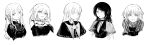  5girls absurdres ascot ave_mujica_(bang_dream!) bang_dream! bang_dream!_it&#039;s_mygo!!!!! capelet closed_mouth clothing_cutout collared_shirt earrings expressionless greyscale hair_ribbon highres jewelry long_hair medium_hair misumi_uika monochrome multiple_girls open_mouth parted_lips ribbon shirt short_hair shoulder_cutout smile talcat togawa_sakiko two_side_up upper_body wakaba_mutsumi yahata_umiri yuutenji_nyamu 