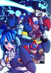  agetatekoron2 arm_cannon armor axl_(mega_man) black_armor black_helmet blonde_hair blue_armor blue_eyes blue_hair blue_helmet brown_hair cross_scar energy_gun energy_sword forehead_jewel green_eyes gun highres holding holding_gun holding_sword holding_weapon long_hair looking_at_viewer mega_man_(series) mega_man_x_(series) mega_man_x_dive one_side_up ponytail red_armor red_helmet rico_(mega_man) scar scar_on_face smile spiked_hair sword weapon x_(mega_man) x_buster z_saber zero_(mega_man) 