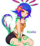 2018 accessory animal_humanoid ayatori biped blue_hair blush blush_lines bottomwear breasts chameleon_humanoid clothed clothing digital_media_(artwork) female flower flower_in_hair freckles hair hair_accessory head_crest hi_res humanoid league_of_legends lizard_humanoid looking_at_viewer mammal markings multicolored_tail neeko_(lol) open_mouth plant pupils purple_tail raised_tail reptile reptile_humanoid riot_games scalie scalie_humanoid shorts simple_background sitting slit_pupils smile solo tail tencent text white_background yellow_eyes