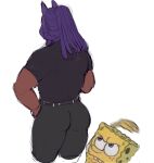  1boy absurdres animal_ears ass bara bat_ears black_shirt cropped_legs highres huge_ass inset kirby_(series) long_hair looking_back male_focus malik_meta_knight_(saturn) meme muscular muscular_male pants purple_dreads saturn/eden_(saturnsorblt) shirt spongebob_squarepants tight_clothes tight_pants white_background 