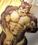 abs absurd_res anthro balls brown_body brown_fur canid canine canis covering covering_crotch domestic_dog embarrassed flaccid fur genitals hi_res lifewonders live_a_hero male mammal muscular muscular_anthro muscular_male nipples nude pecs penis pubraseer solo yom_mido_plus