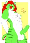 abs anthro balls belly big_balls big_penis breasts circle_eyebrows erection eyebrows facial_tuft fangs felid fur genitals green_body green_eyes green_markings green_nipples green_penis green_stripes gynomorph hands_behind_back herm hi_res hybrid inner_ear_fluff intersex lion looking_at_viewer looking_down mammal mane markings muscular muscular_anthro muscular_gynomorph muscular_intersex neon_lion nipples outline pantherine penis pose red_mane ryliee_altinay_(neon_lion) saber-toothed_tiger sabertooth_(anatomy) shaded short_tail simple_background simple_shading small_breasts solo standing striped_body striped_fur striped_markings stripes tail teeth tuft white_balls white_belly white_markings white_muzzle white_outline