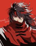  1boy black_hair cloak covered_mouth final_fantasy final_fantasy_vii final_fantasy_vii_rebirth final_fantasy_vii_remake hair_between_eyes headband highres long_hair looking_at_viewer maki_haruki male_focus messy_hair portrait red_background red_cloak red_eyes red_headband solo twitter_username upper_body vincent_valentine 