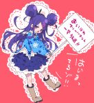  1girl black_hairband blue_jacket blue_skirt blush bright_pupils commentary_request copyright_name d: double_bun frilled_skirt frills full_body hair_bun hair_ornament hairband hairclip hamayumiba_sou heart heart_hair_ornament holding holding_sign jacket lace_background long_hair long_sleeves looking_at_viewer ochikobore_fruit_tart open_mouth parted_bangs purple_eyes purple_hair red_background sailor_collar sekino_roko side_up_bun sidelocks sign skirt solo translation_request two-handed v-shaped_eyebrows white_pupils white_sailor_collar 