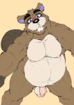 2024 animal_crossing anthro balls beaver belly black_nose brown_body chip_(animal_crossing) genitals hi_res hopelesshighschool male mammal mature_male moobs nintendo nipples overweight overweight_male penis rodent simple_background solo
