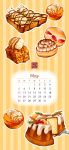  absurdres banana banana_slice bread cake calendar_(medium) chocolate_syrup dessert food food_focus fruit highres icing no_humans original pastry still_life whipped_cream yuki00yo 