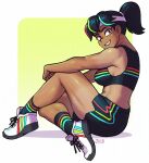  1girl artist_name black_hair black_socks black_sports_bra border breasts brown_eyes dark-skinned_female dark_skin dolphin_shorts english_commentary full_body grin headband highres looking_at_viewer medium_breasts multicolored_hair muscular muscular_female on_floor original ponytail shoes shorts sitting smile sneakers socks solo sports_bra sportswear the_jieb white_border white_headband white_sneakers yeet-chan_(the_jieb) 