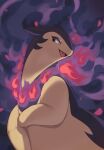 detailed_background eyelashes female feral fire generation_8_pokemon head_turned hi_res hisuian_form hisuian_typhlosion nintendo open_mouth pear-shaped_figure pokemon pokemon_(species) red_eyes regional_form_(pokemon) semi-anthro sharp_teeth smile smoke solo teeth wide_hips xmu