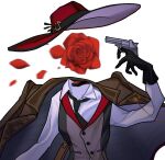  black_choker black_gloves black_necktie brown_coat choker coat coat_on_shoulders collared_shirt finger_on_trigger flower gloves grey_vest gun hat holding holding_gun holding_weapon long_sleeves necktie no_humans petals red_flower red_hat red_rose reverse:1999 revolver rose shirt sun_hat tennant_(reverse:1999) vest waistcoat weapon white_background white_shirt zhixiang_huanxiang 